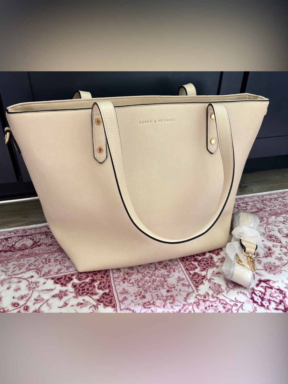 Poppy and Peonies Go Getter tote bag in cream vegan leather with gold hardware